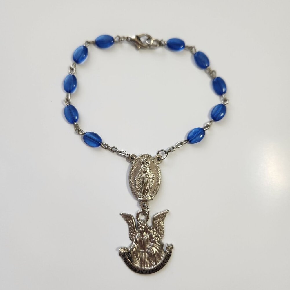 Guardian Angel Medal Bracelet Blue Beads Silver-Tone Chain 7.5 Inches Adjustable